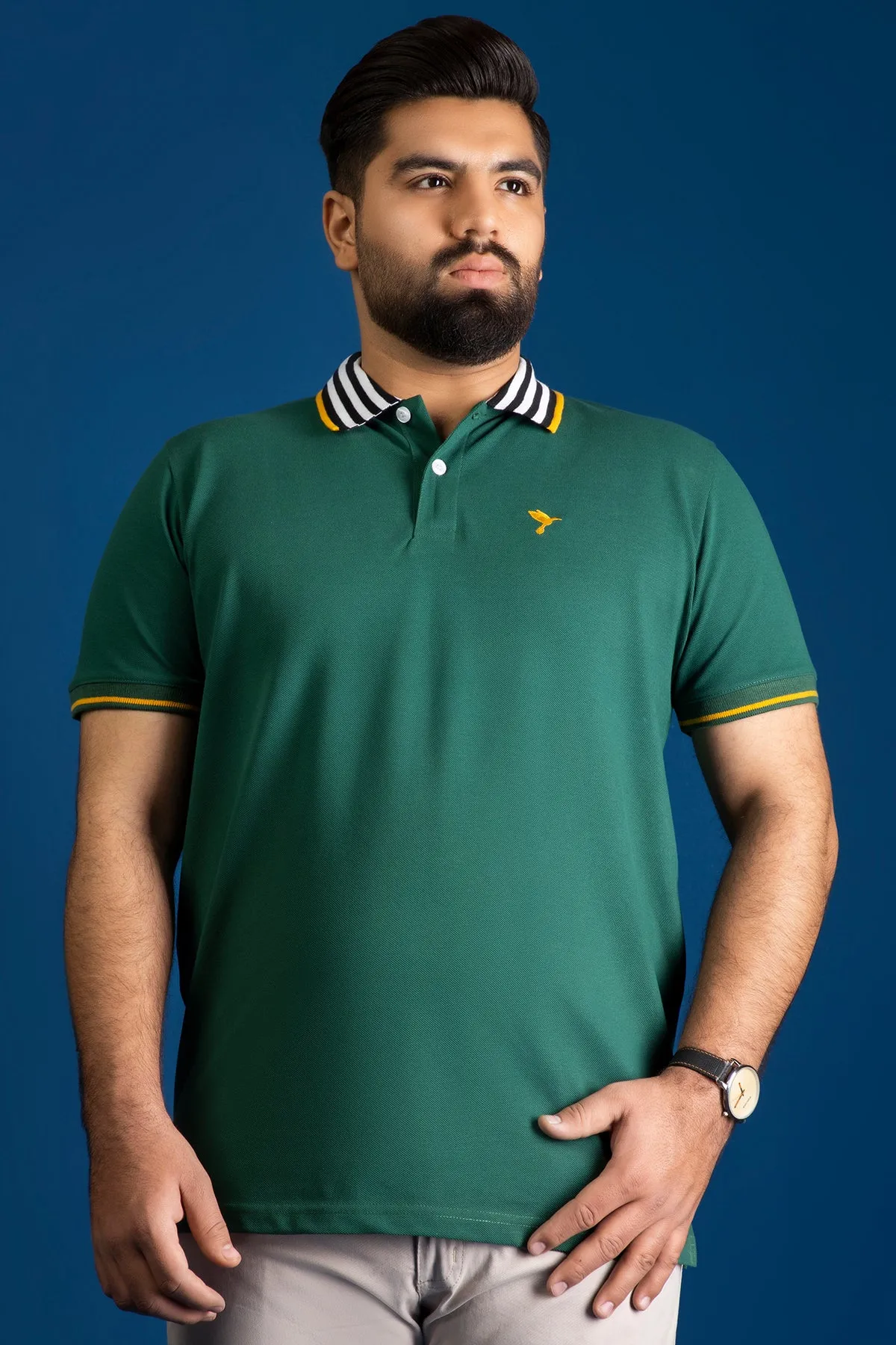 Green Contrast Striped Collar Polo Shirt (Plus size) - A24 - MP0245P