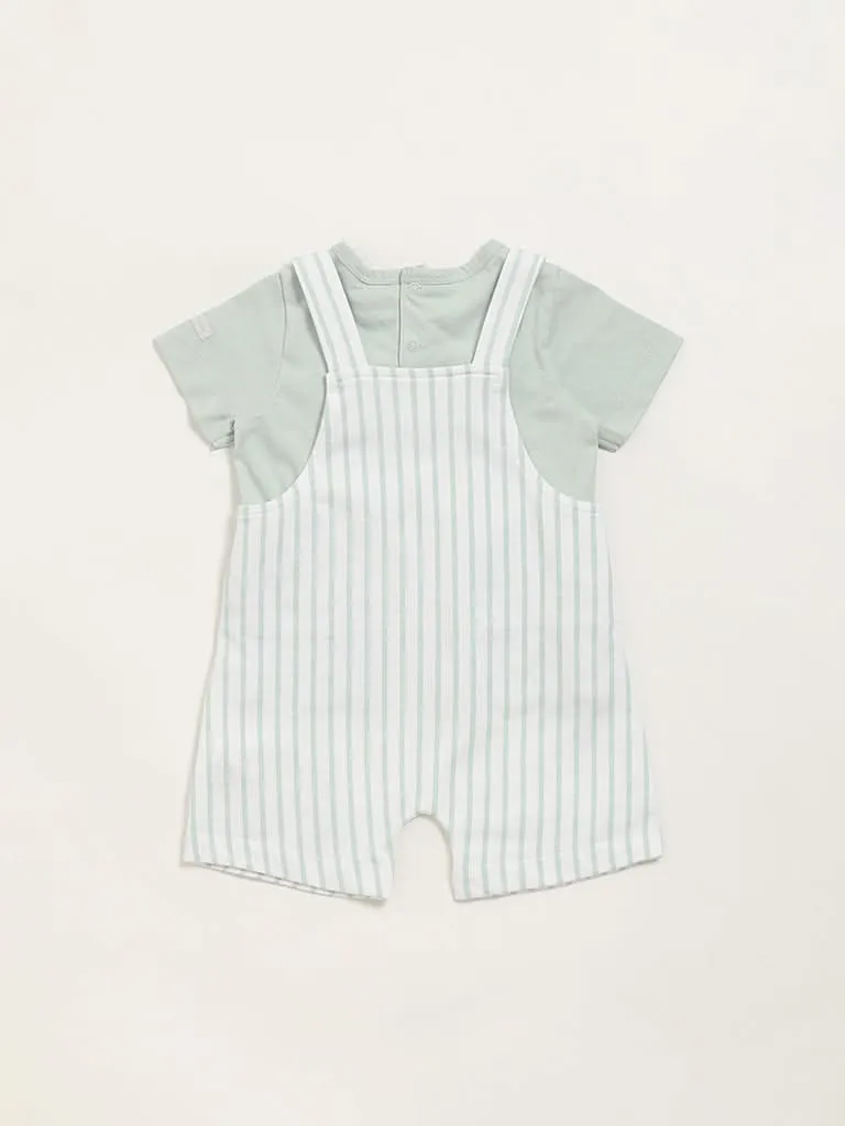 HOP Baby Green Striped T-Shirt with Dungaree Set