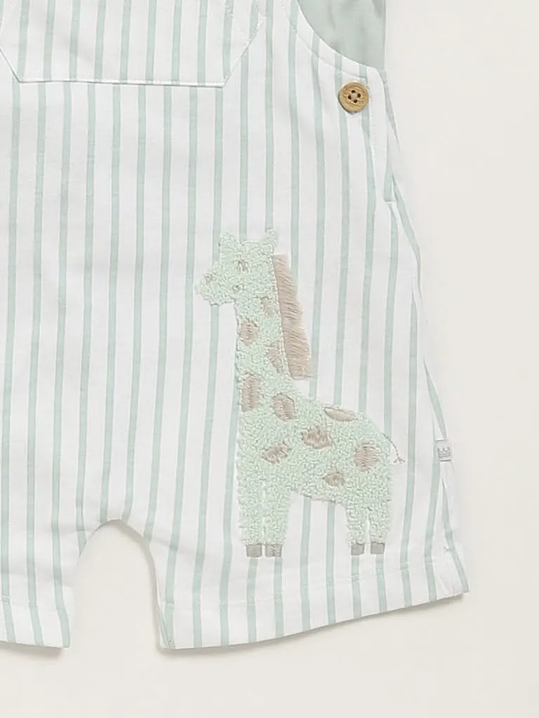 HOP Baby Green Striped T-Shirt with Dungaree Set