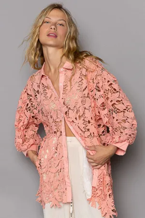 Hot Girl Button Up Lace In Peach Long Sleeve Shirt