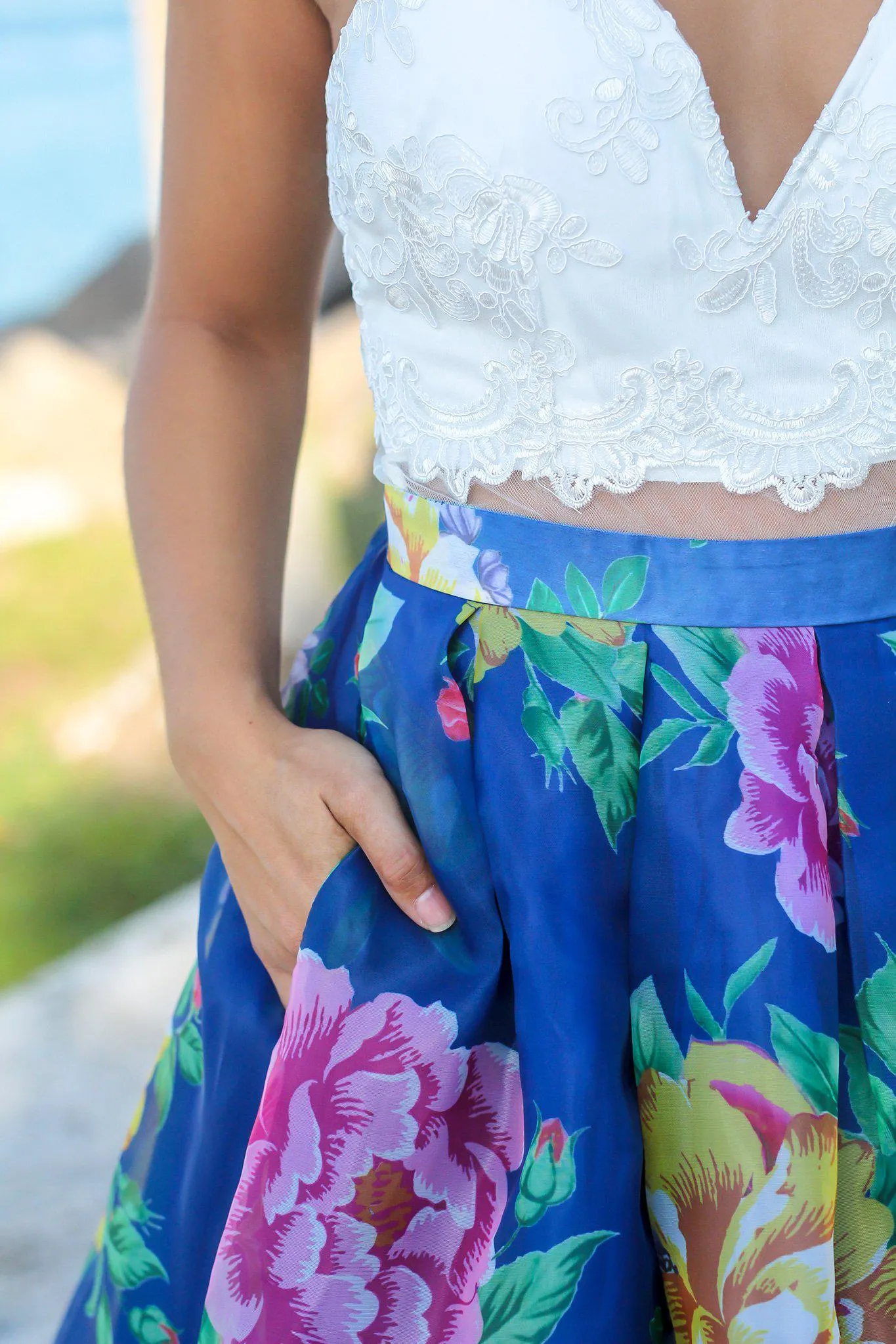 Ivory and Royal Blue Floral Maxi Dress with Criss Cross Back