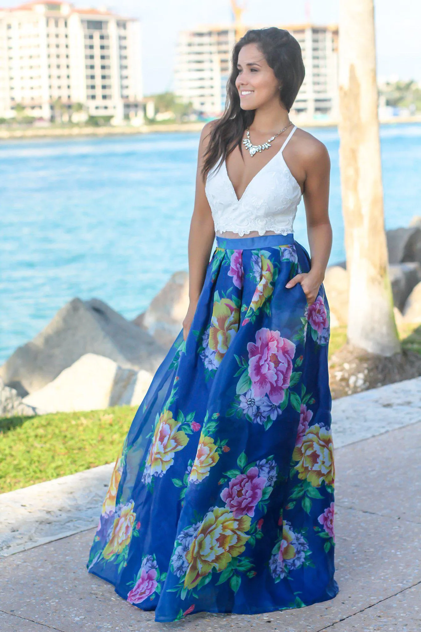 Ivory and Royal Blue Floral Maxi Dress with Criss Cross Back