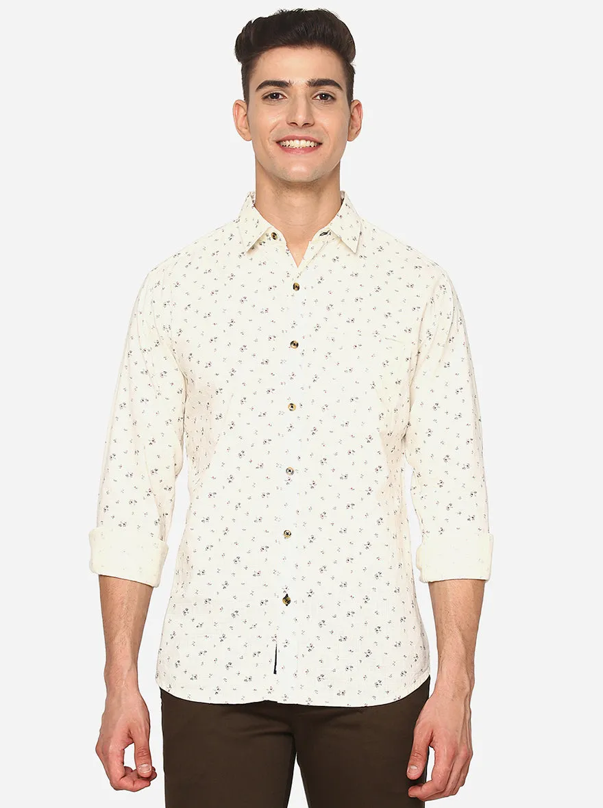 Ivory White Printed Slim Fit Semi Casual Shirt | Greenfibre