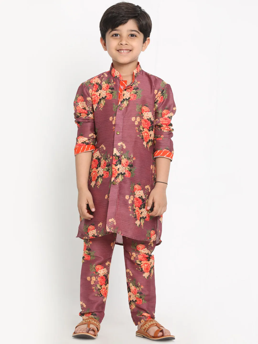 Jashvi Boy's Maroon Twill Jacket, Printed Kurta and Pyjama Set