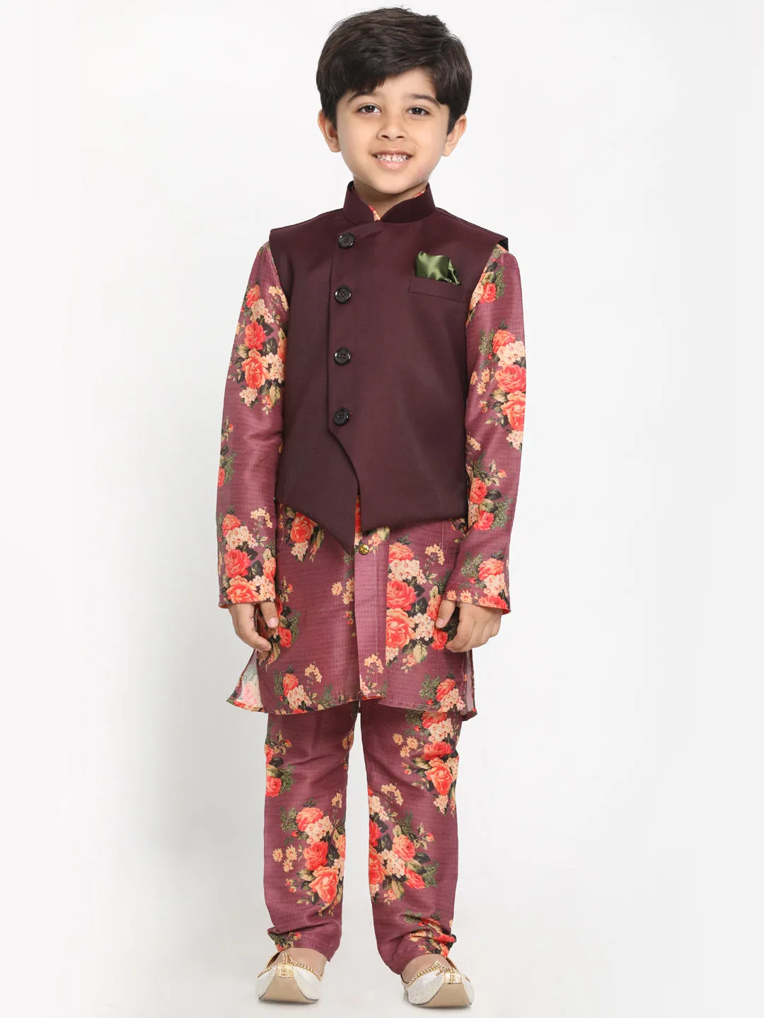 Jashvi Boy's Maroon Twill Jacket, Printed Kurta and Pyjama Set