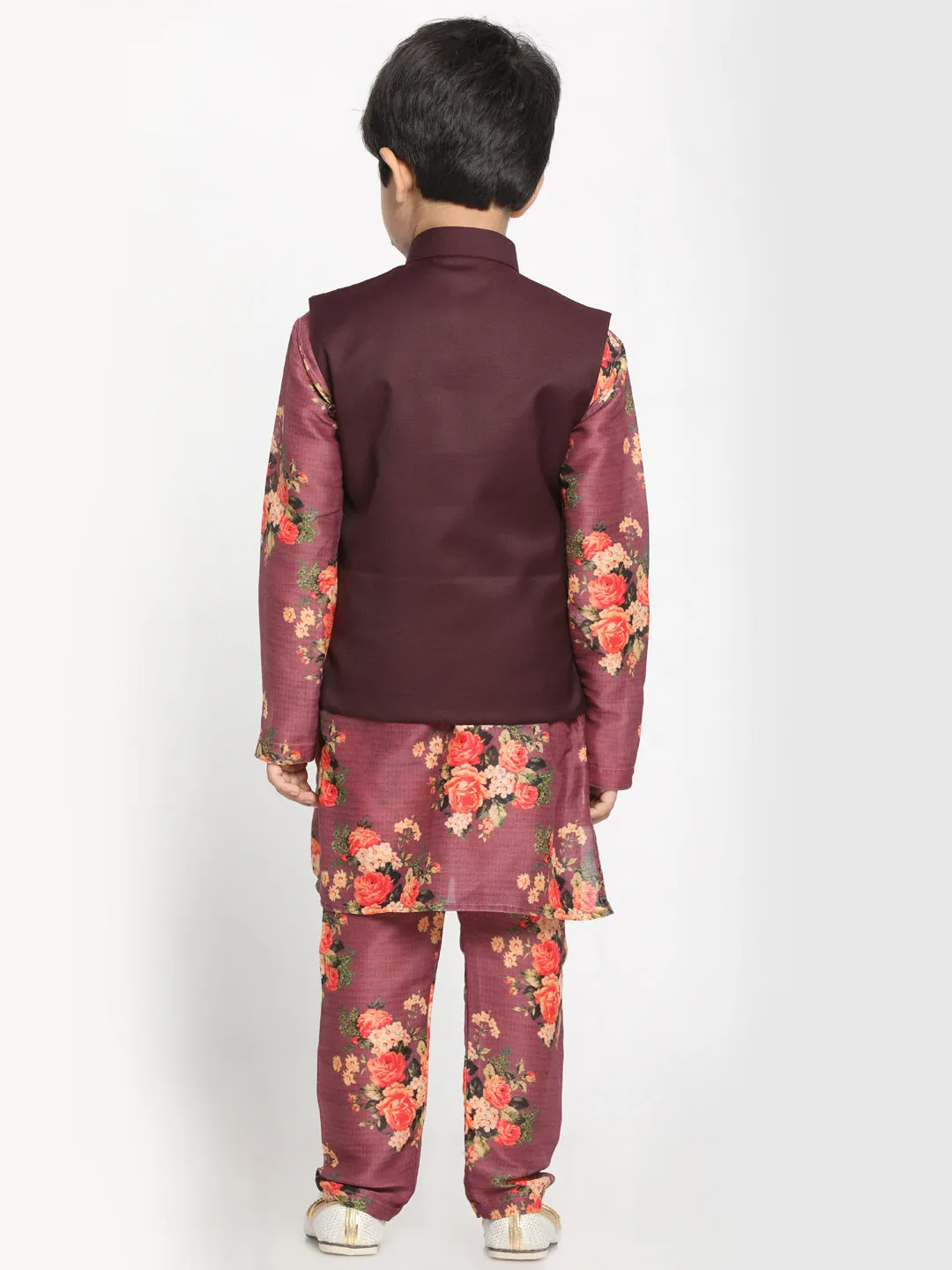 Jashvi Boy's Maroon Twill Jacket, Printed Kurta and Pyjama Set