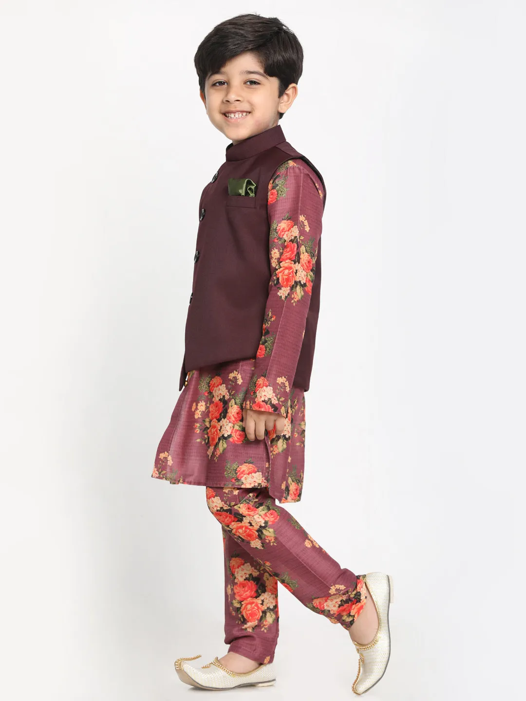 Jashvi Boy's Maroon Twill Jacket, Printed Kurta and Pyjama Set