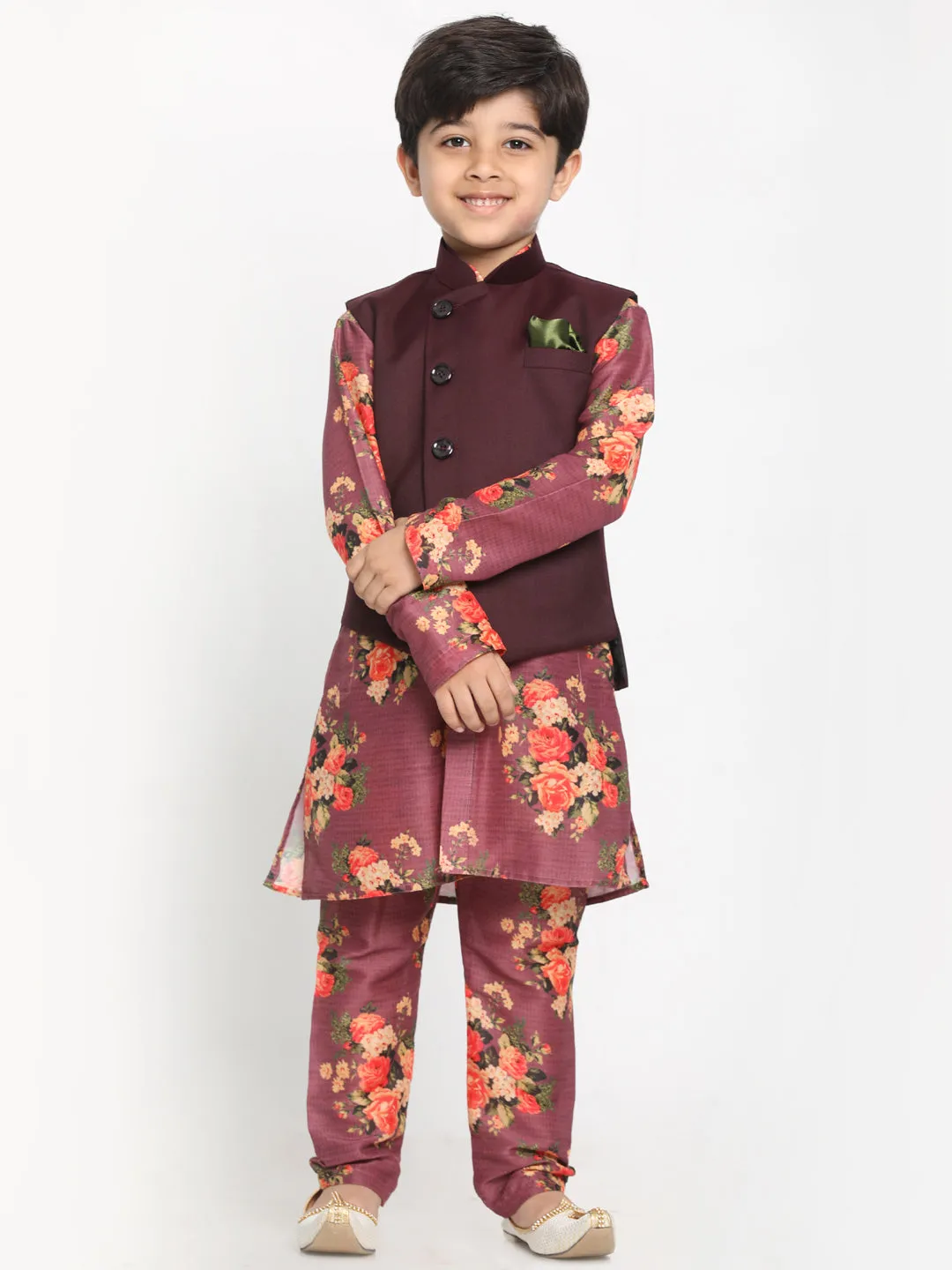 Jashvi Boy's Maroon Twill Jacket, Printed Kurta and Pyjama Set