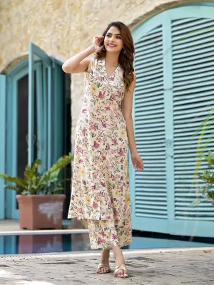 Jashvi Cream Floral Printed  A-Line Rayon Kurta Set