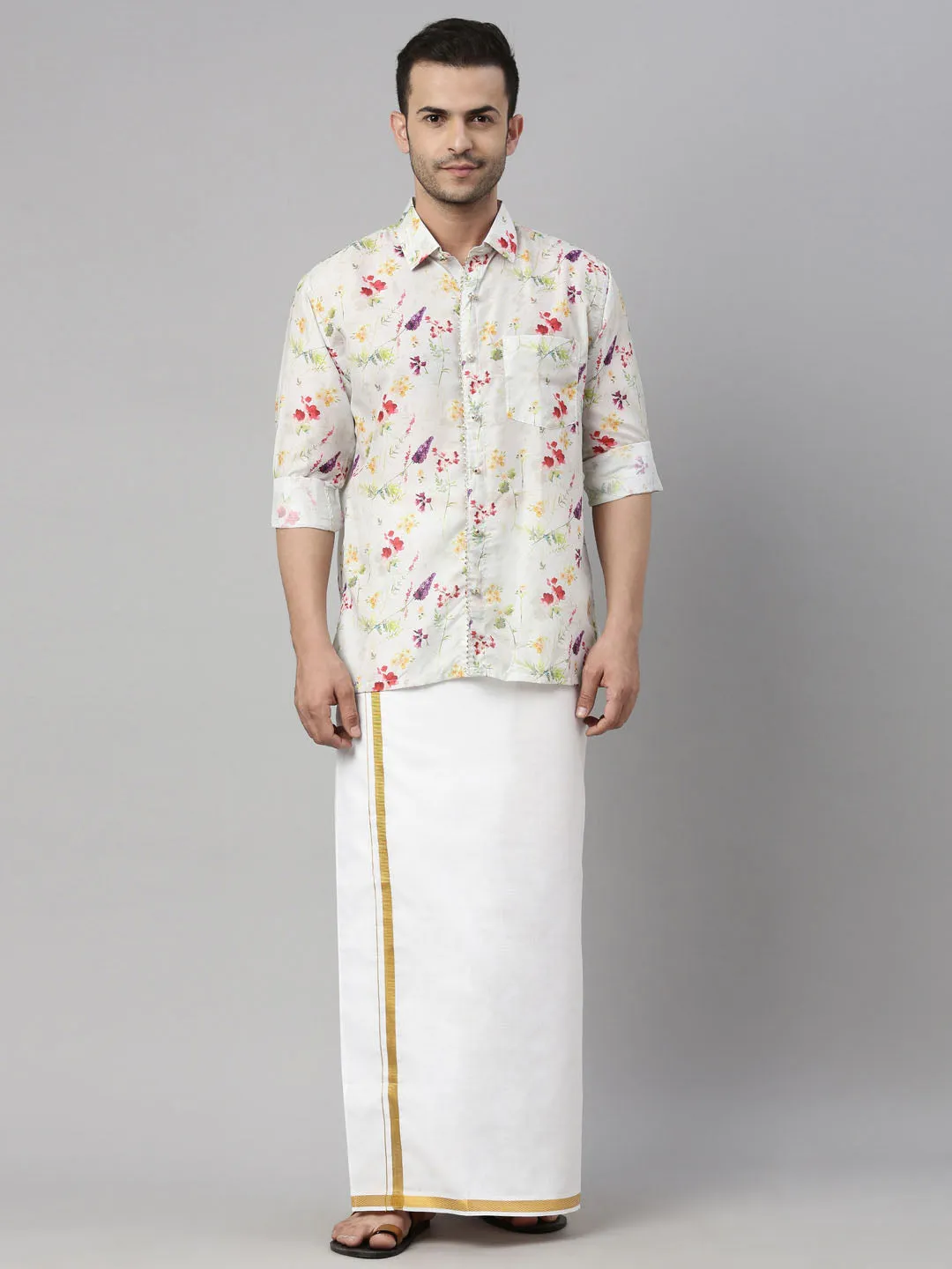 Jashvi Men's Cream Floral Print Shirt And Mundu Set