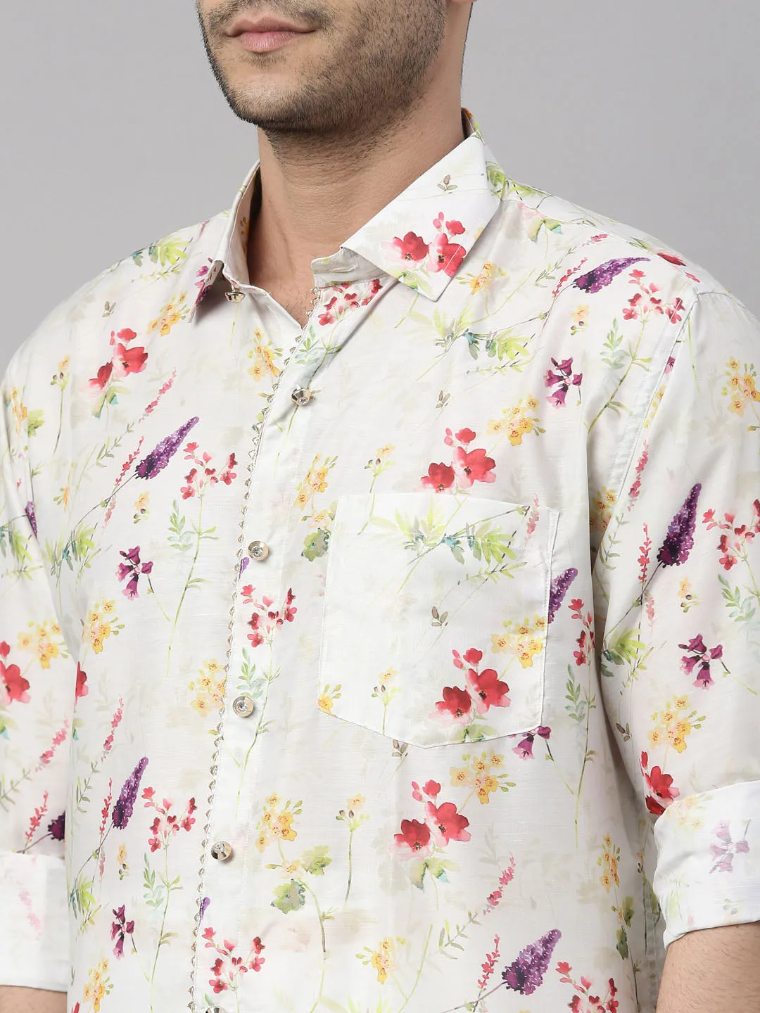 Jashvi Men's Cream Floral Print Shirt And Mundu Set