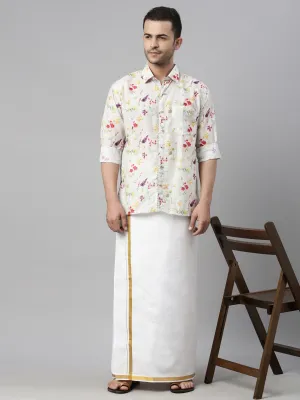 Jashvi Men's Cream Floral Print Shirt And Mundu Set