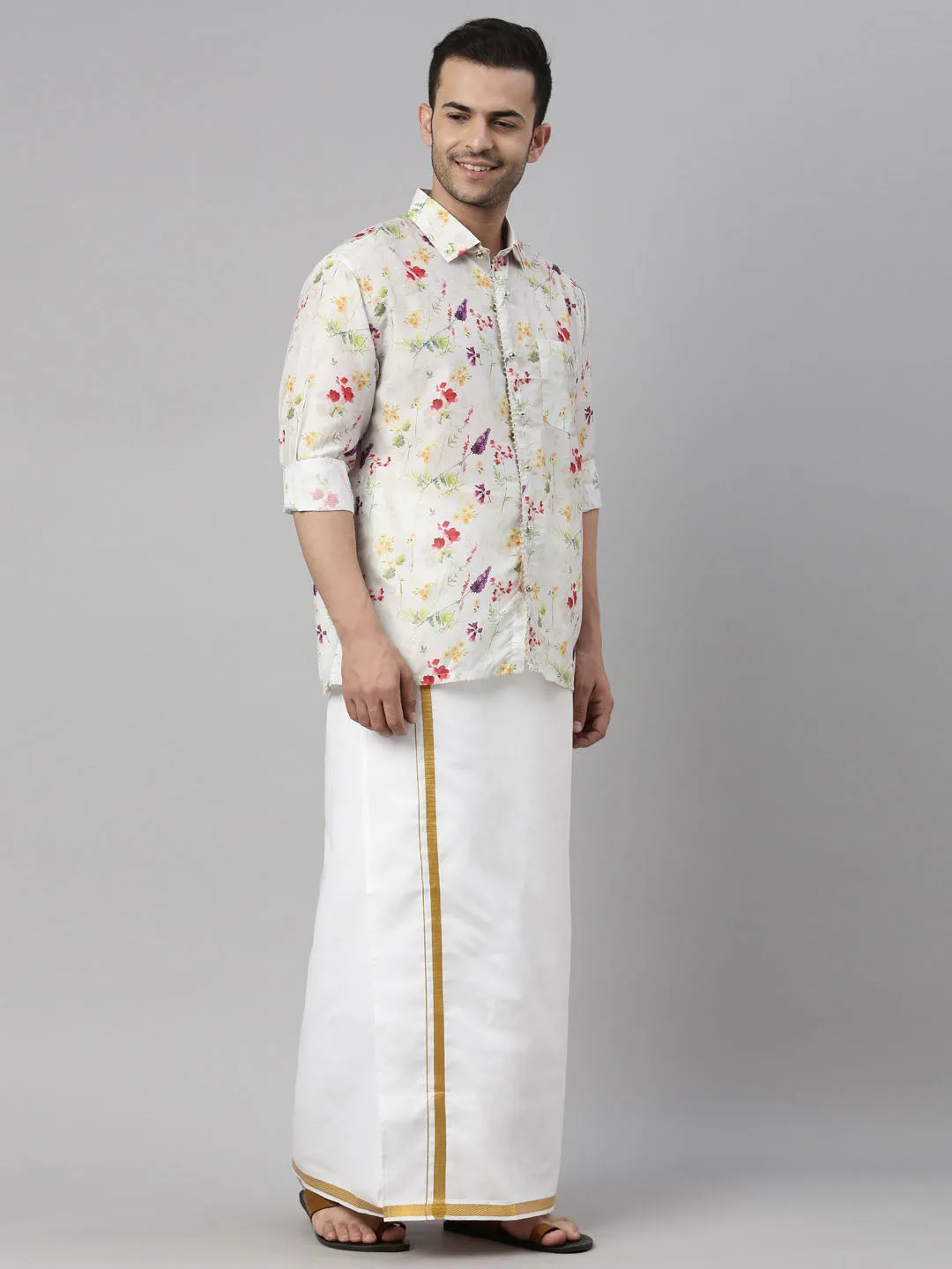 Jashvi Men's Cream Floral Print Shirt And Mundu Set