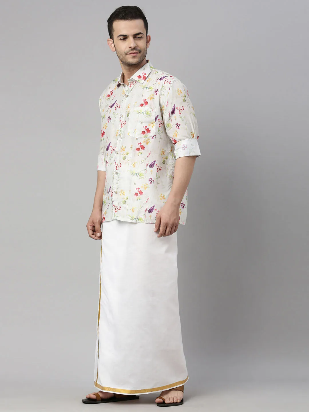 Jashvi Men's Cream Floral Print Shirt And Mundu Set