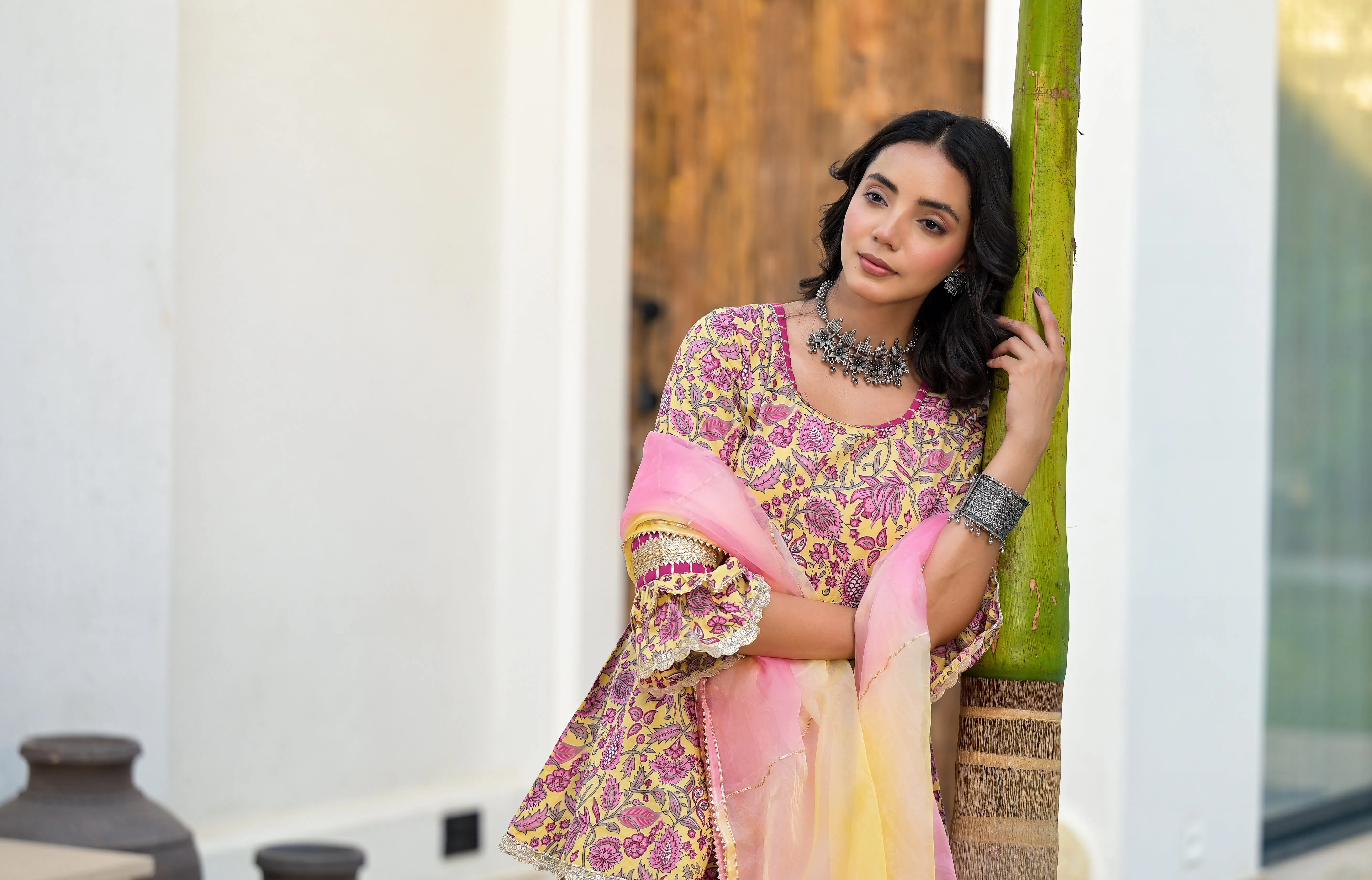 Jashvi Yellow Floral Print Cotton Kurta Sharara Set for women