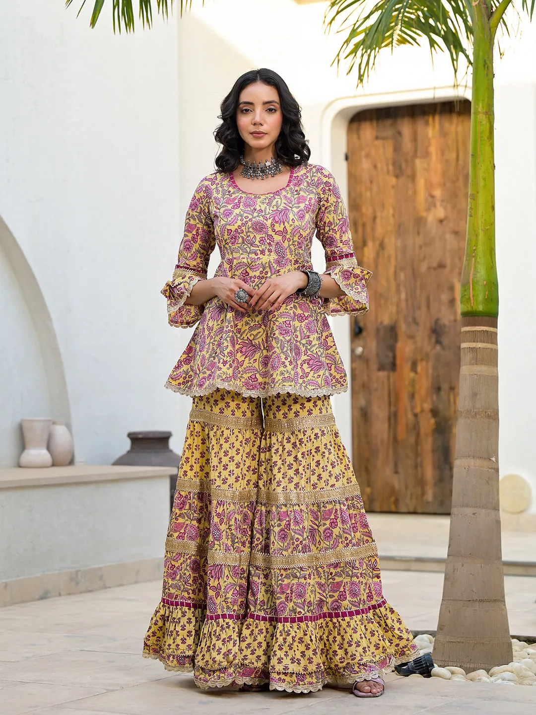 Jashvi Yellow Floral Print Cotton Kurta Sharara Set for women