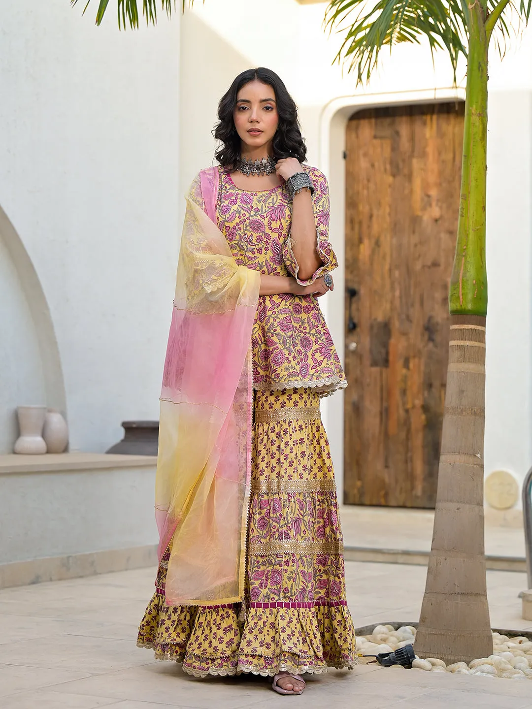 Jashvi Yellow Floral Print Cotton Kurta Sharara Set for women