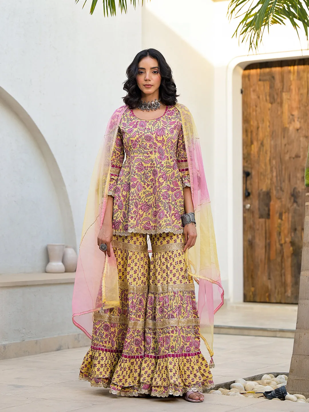 Jashvi Yellow Floral Print Cotton Kurta Sharara Set for women