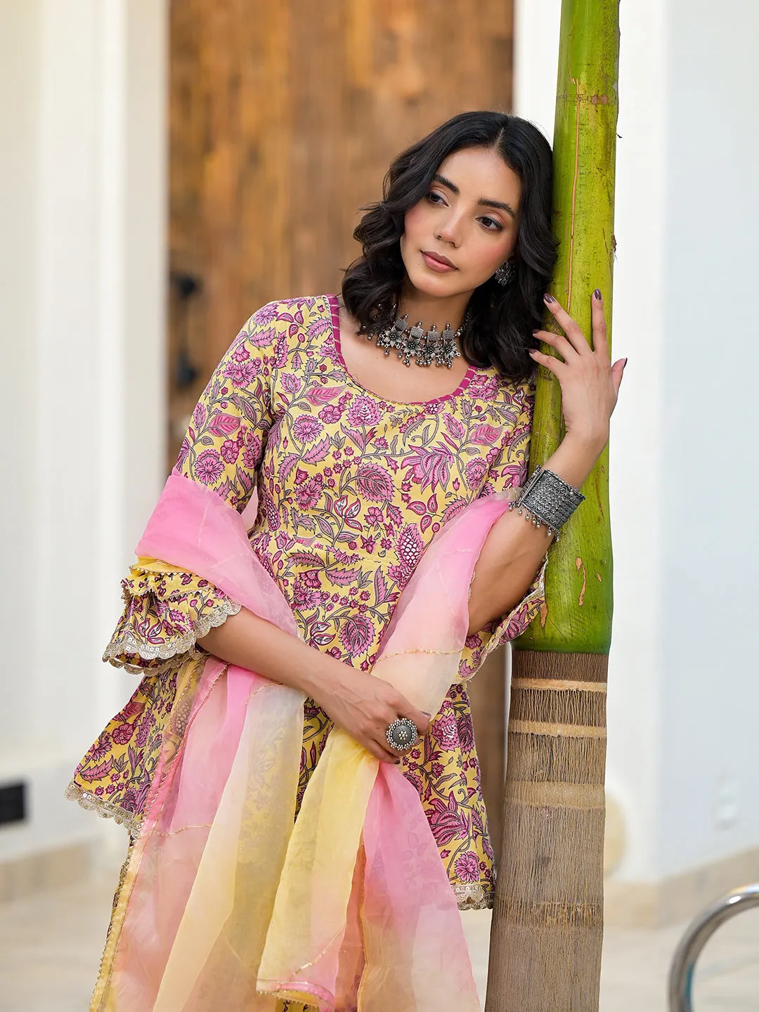 Jashvi Yellow Floral Print Cotton Kurta Sharara Set for women