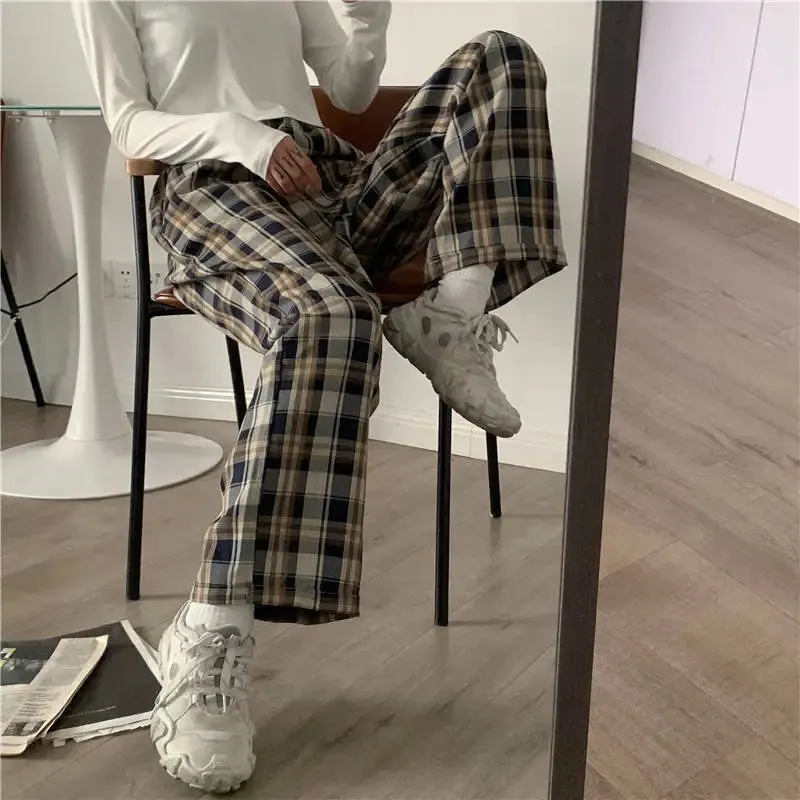 Korean Style High Waist Plaid Trousers