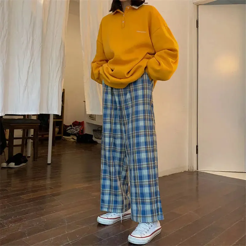 Korean Style High Waist Plaid Trousers