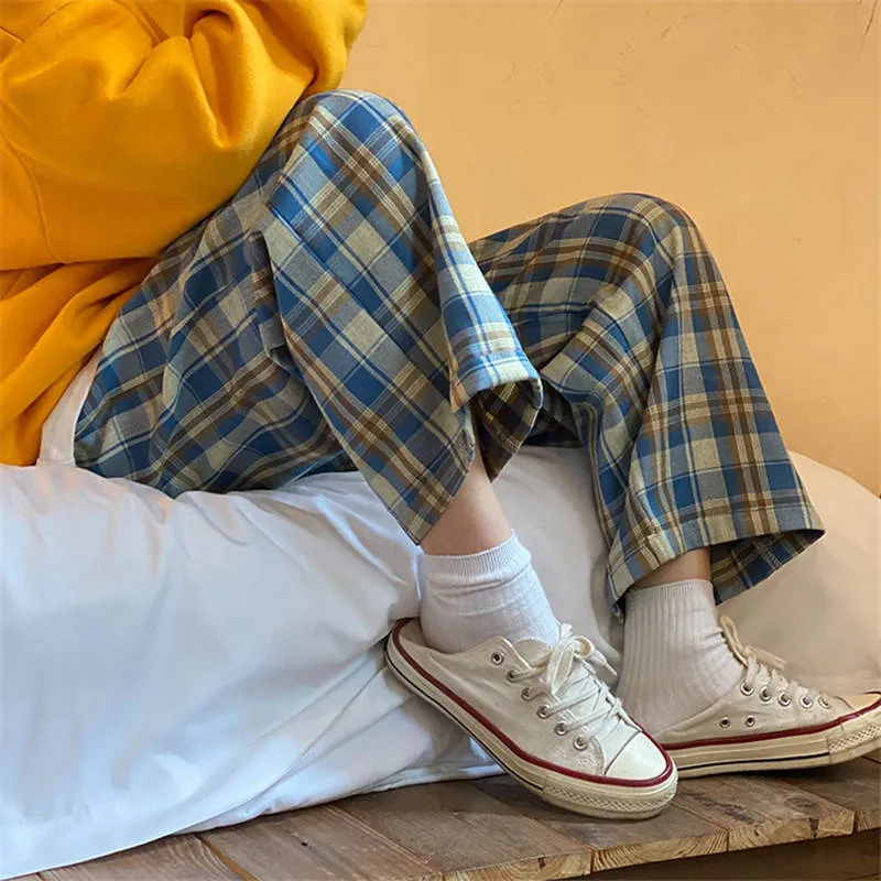 Korean Style High Waist Plaid Trousers