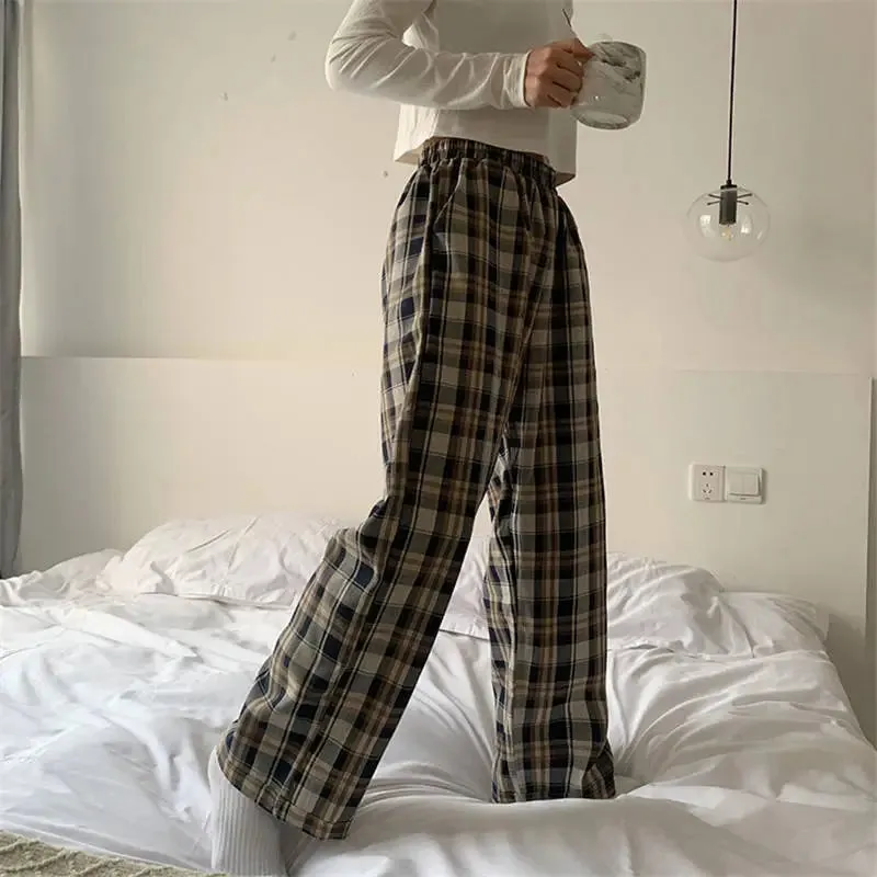 Korean Style High Waist Plaid Trousers