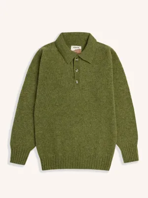 Lewis Brushed Shetland Polo in Olive Lambswool