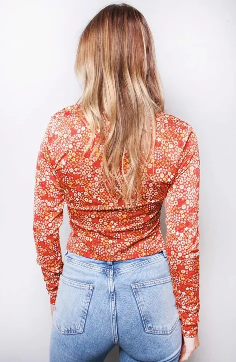 Long Sleeve Crisscross Front Floral Print Top