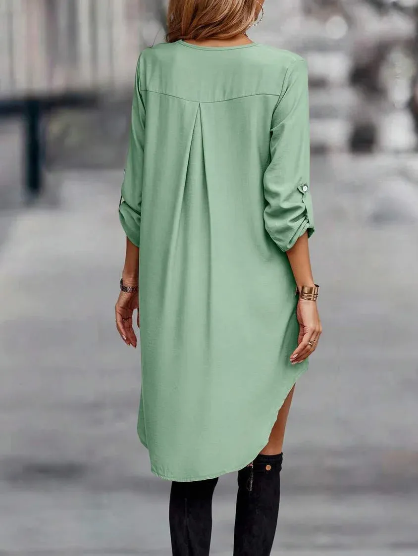 Long-sleeved V-neck chiffon light green dress