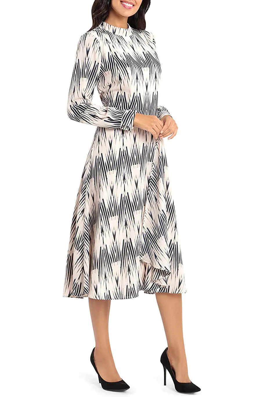 Maggy London High Neck Button Long Cuffed Sleeve Zipper Back Multi Print A-Line Chiffon Dress