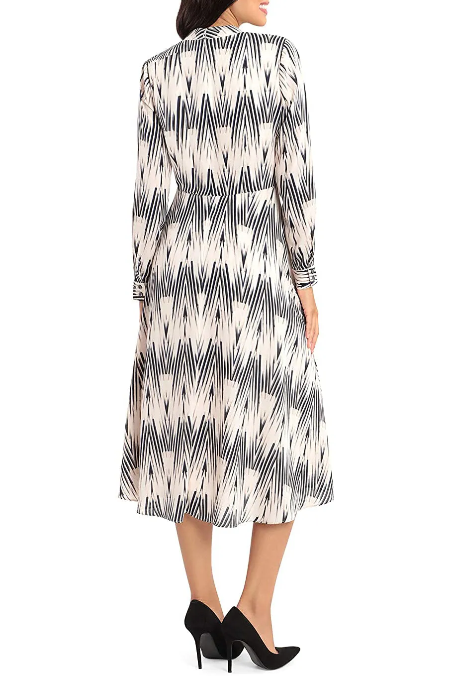 Maggy London High Neck Button Long Cuffed Sleeve Zipper Back Multi Print A-Line Chiffon Dress