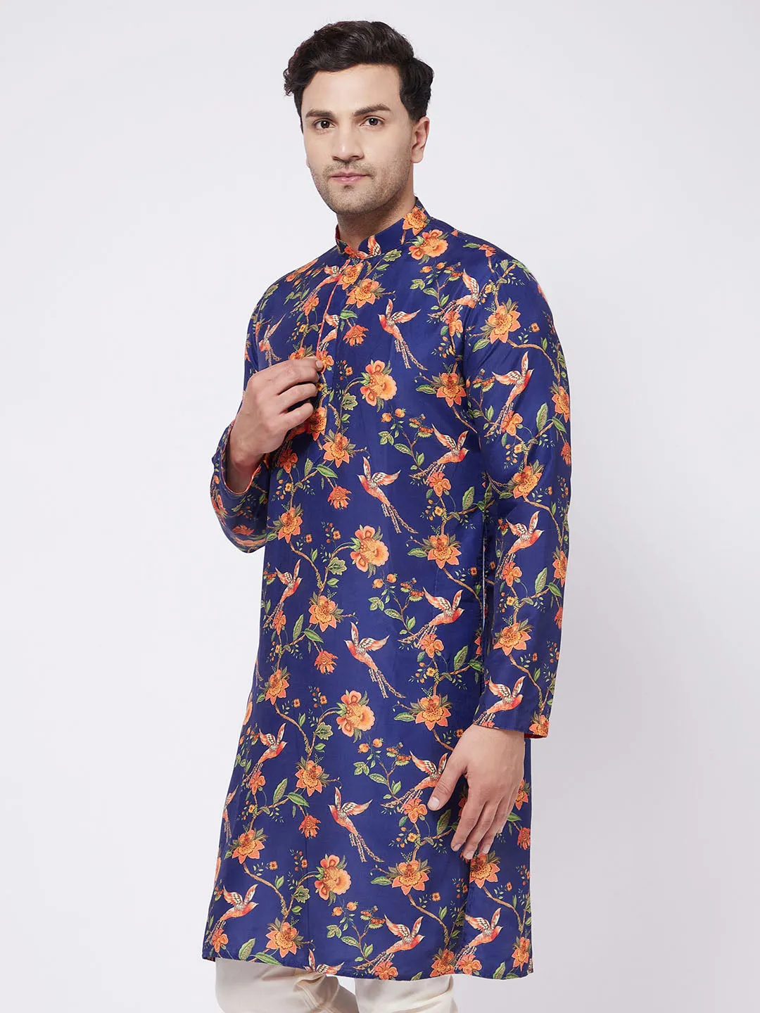 Men's Multicolor-Base-Navy Blue Muslin Blend Kurta - Vastramay