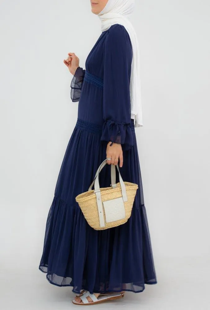 Navy Vivvie chiffon lined flared dress with long sleeve and lace detailing