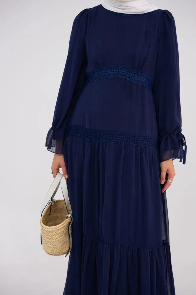 Navy Vivvie chiffon lined flared dress with long sleeve and lace detailing