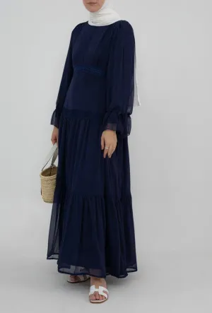 Navy Vivvie chiffon lined flared dress with long sleeve and lace detailing