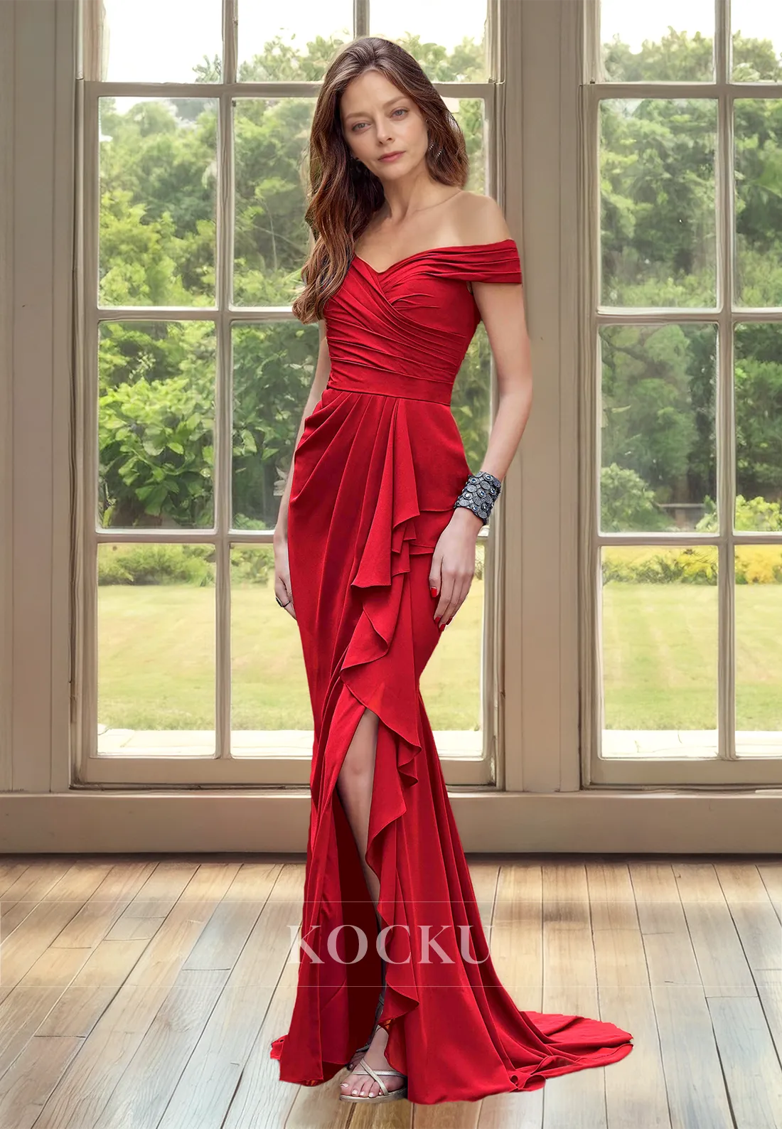 Off-Shoulder Sleeveless Mermaid High Slit Train Chiffon Mother of Groom Cocktail Dress with Pleats