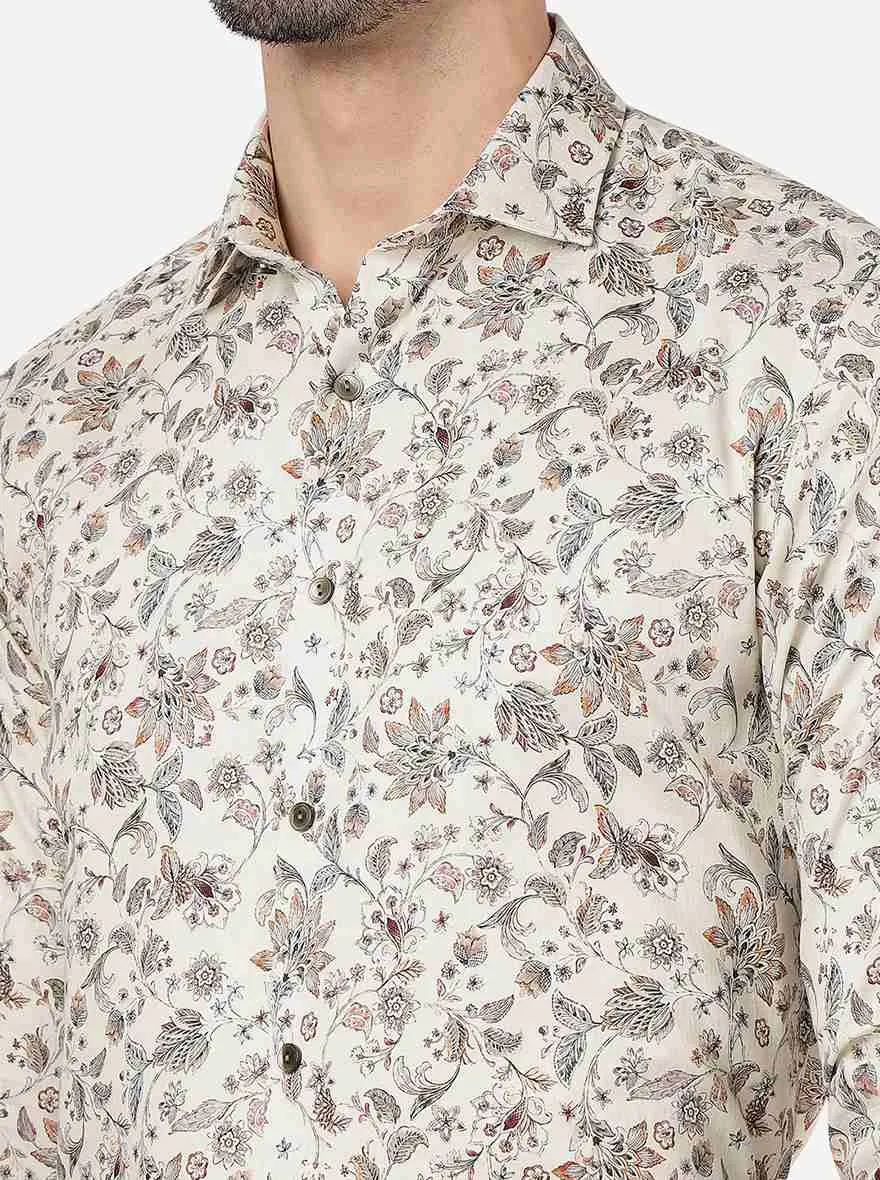 Off White Printed Slim Fit Party Wear Shirt | Wyre