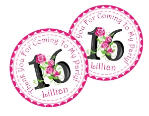 Pink & Black Floral Birthday Party Stickers