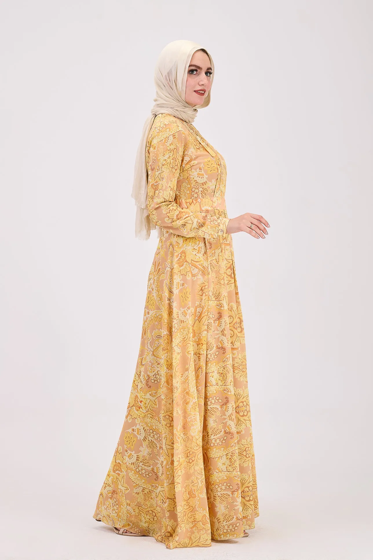 Rafif Elegant Chiffon High Neck Hijab Dress in Golden Yellow Floral