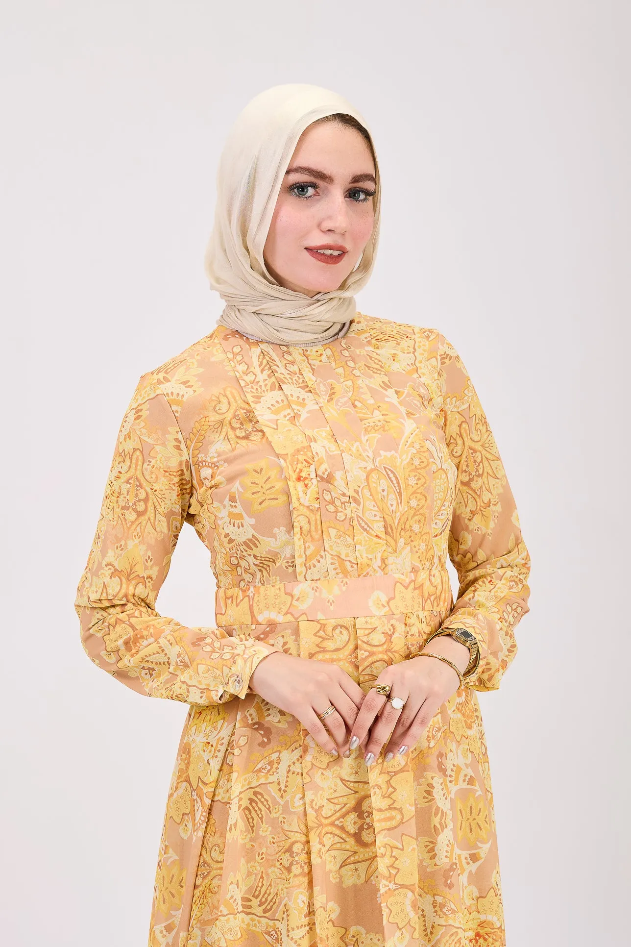 Rafif Elegant Chiffon High Neck Hijab Dress in Golden Yellow Floral