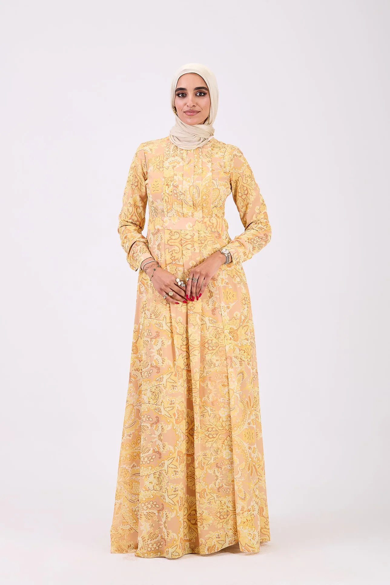 Rafif Elegant Chiffon High Neck Hijab Dress in Golden Yellow Floral