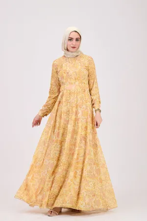 Rafif Elegant Chiffon High Neck Hijab Dress in Golden Yellow Floral