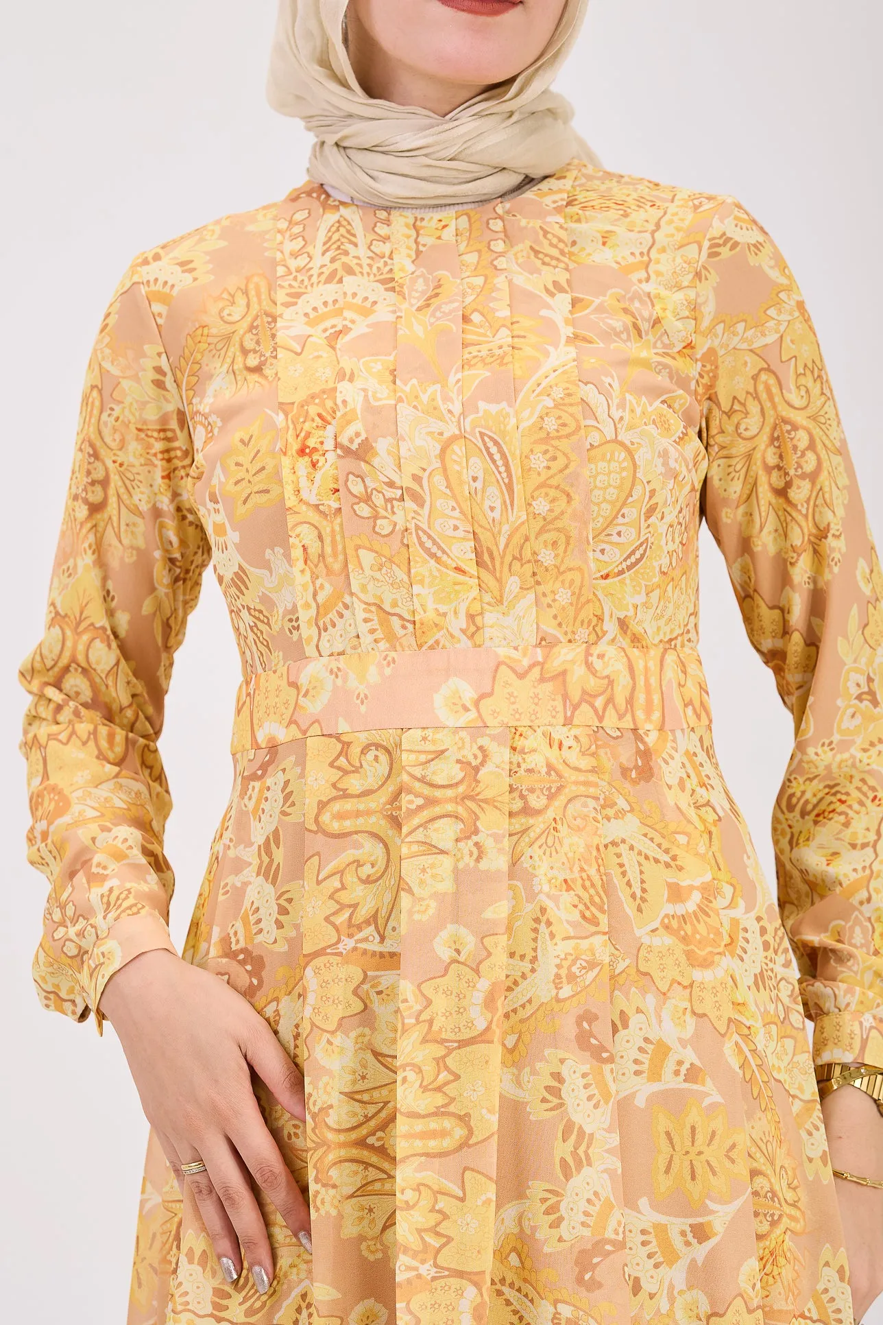 Rafif Elegant Chiffon High Neck Hijab Dress in Golden Yellow Floral