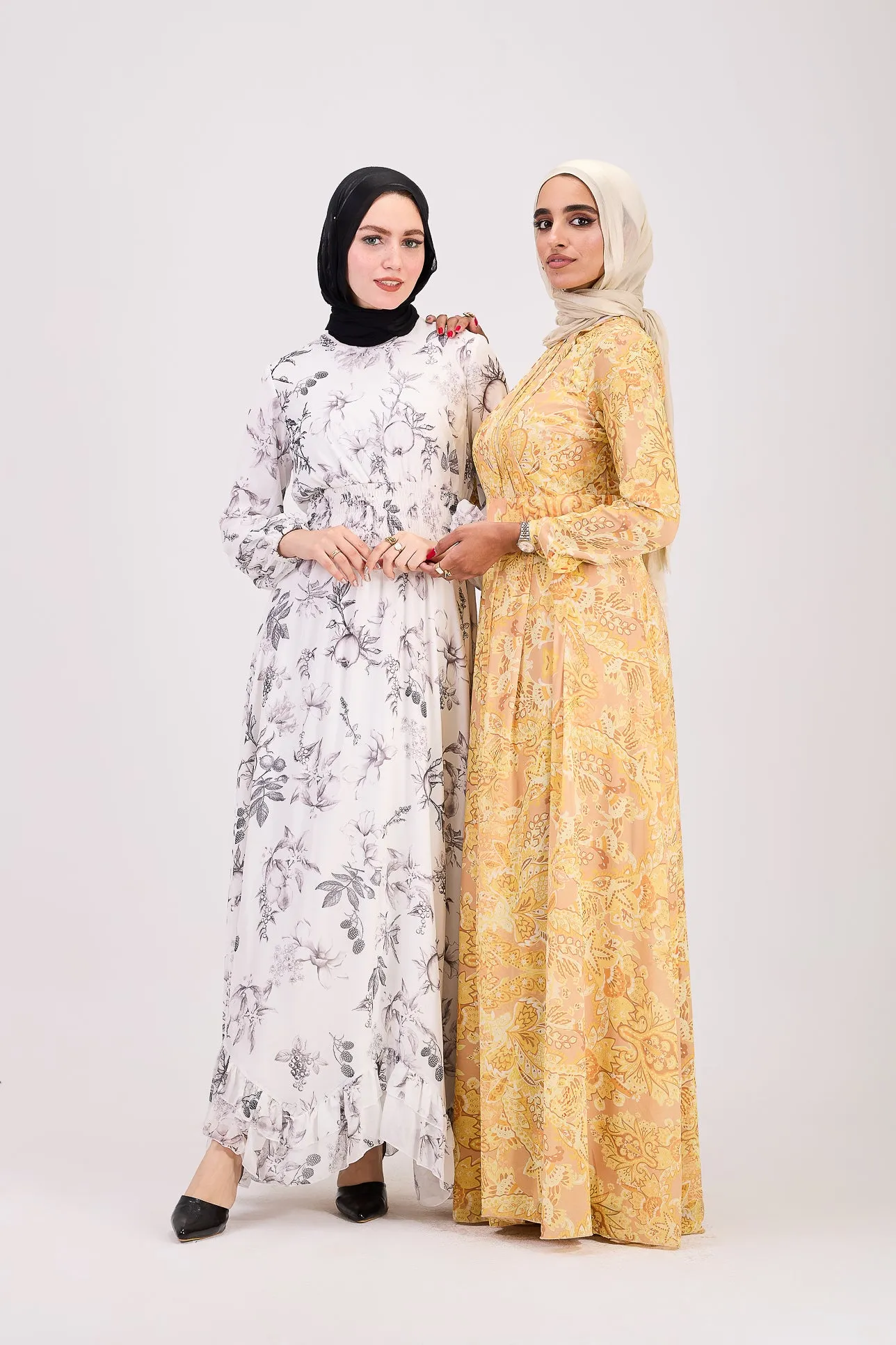 Rafif Elegant Chiffon High Neck Hijab Dress in Golden Yellow Floral