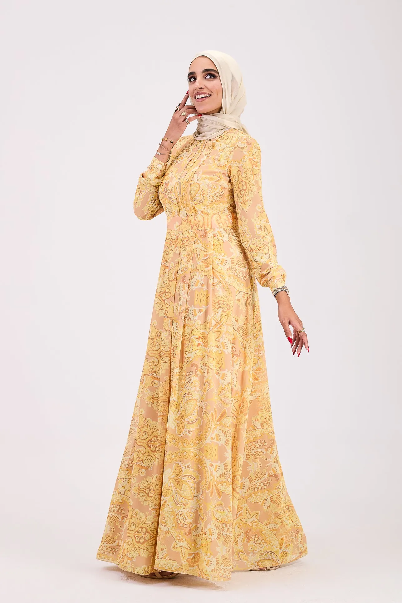 Rafif Elegant Chiffon High Neck Hijab Dress in Golden Yellow Floral