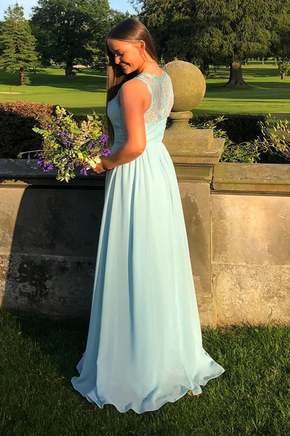 Round Neck Mint Green Lace Long Prom, Long Green Lace Formal, Green Evening