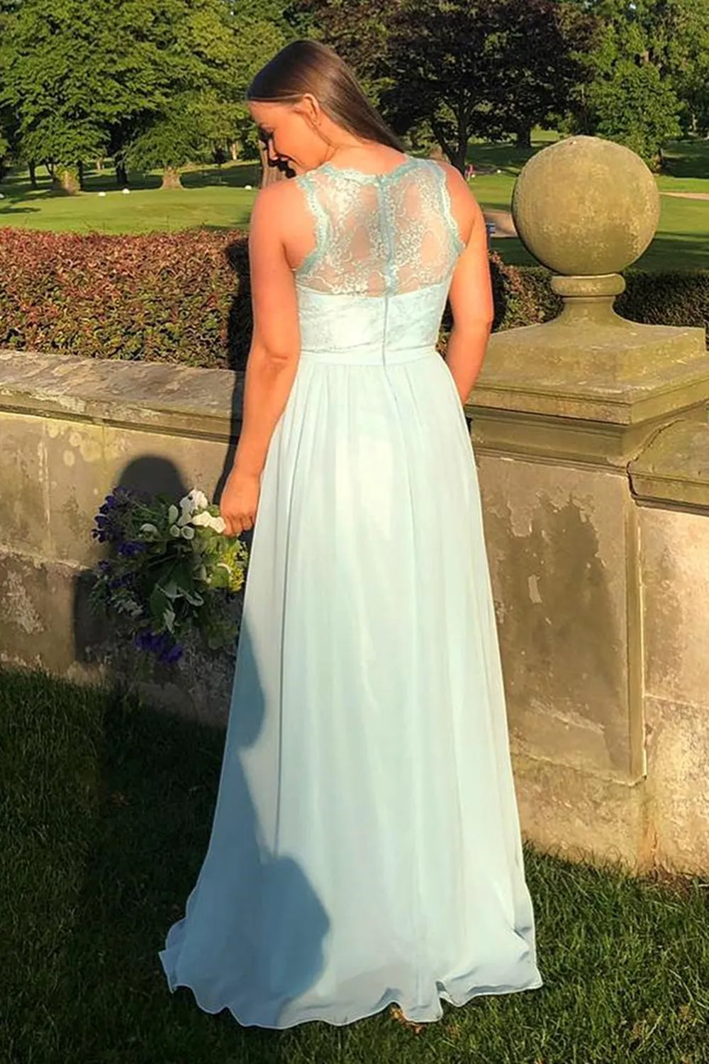 Round Neck Mint Green Lace Long Prom, Long Green Lace Formal, Green Evening