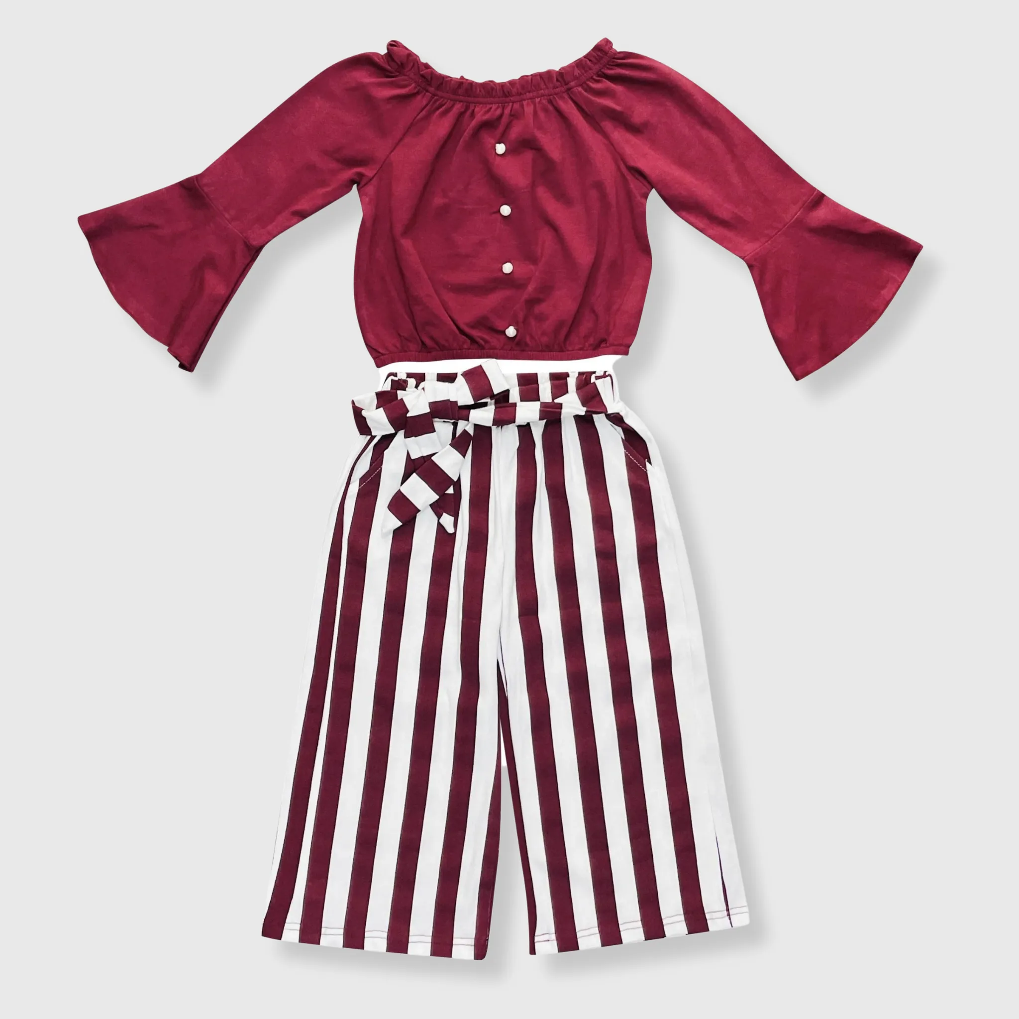 Striped Maroon Off the Shoulder Outfit Kids