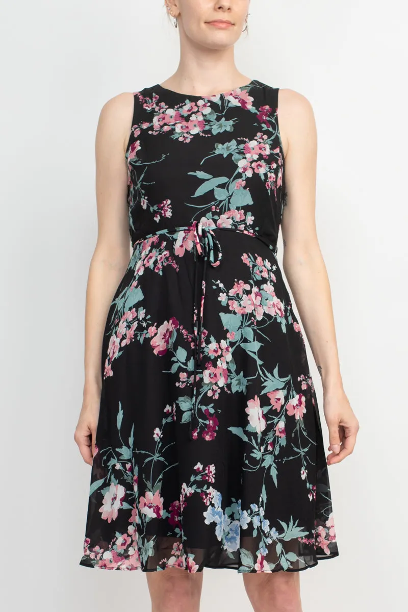 Studio One Crew Neck Sleeveless Tie Waist Floral Print Chiffon Dress with 3/4 Sleeve Textured Bolero